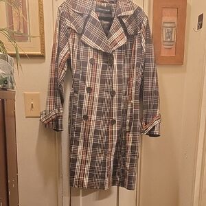 Ashley Stewart Women's Plaid Trench Coat - Navy and White